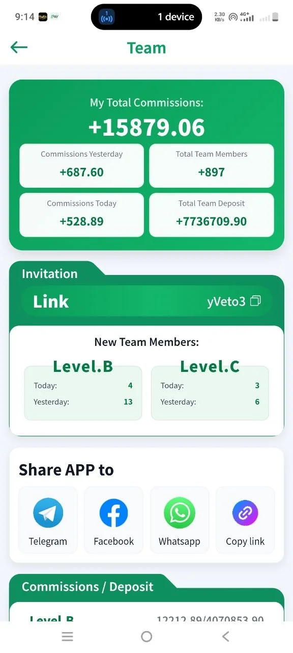 OK Pay Team - Total Commissions and Invitation Link
